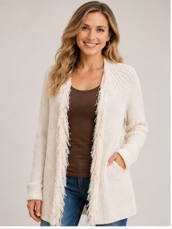 Chico's Sweaters - Women’s Ivory Chunky Knit Fringe Open Front Cardigan Sweater Size Small